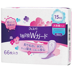 ウィスパー １枚２役ｗガード おりもの水分ケア パンティライナー １５ｃｃ １９ｃｍ ６６枚入 E健康ショップ